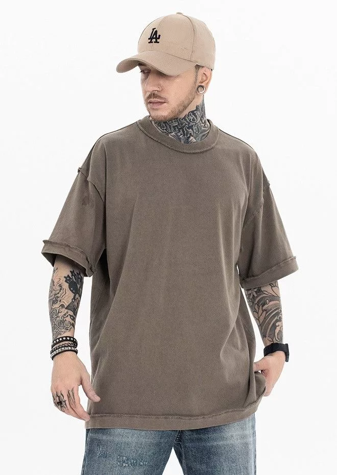 Designer Short Sleeve T Shirts Designer × Japanese Brand Brown washed solid color casual tee Streetwear