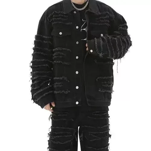 Other Denim Jackets Other Black Stacked Distressed Ripped Denim Jacket Avant-Garde
