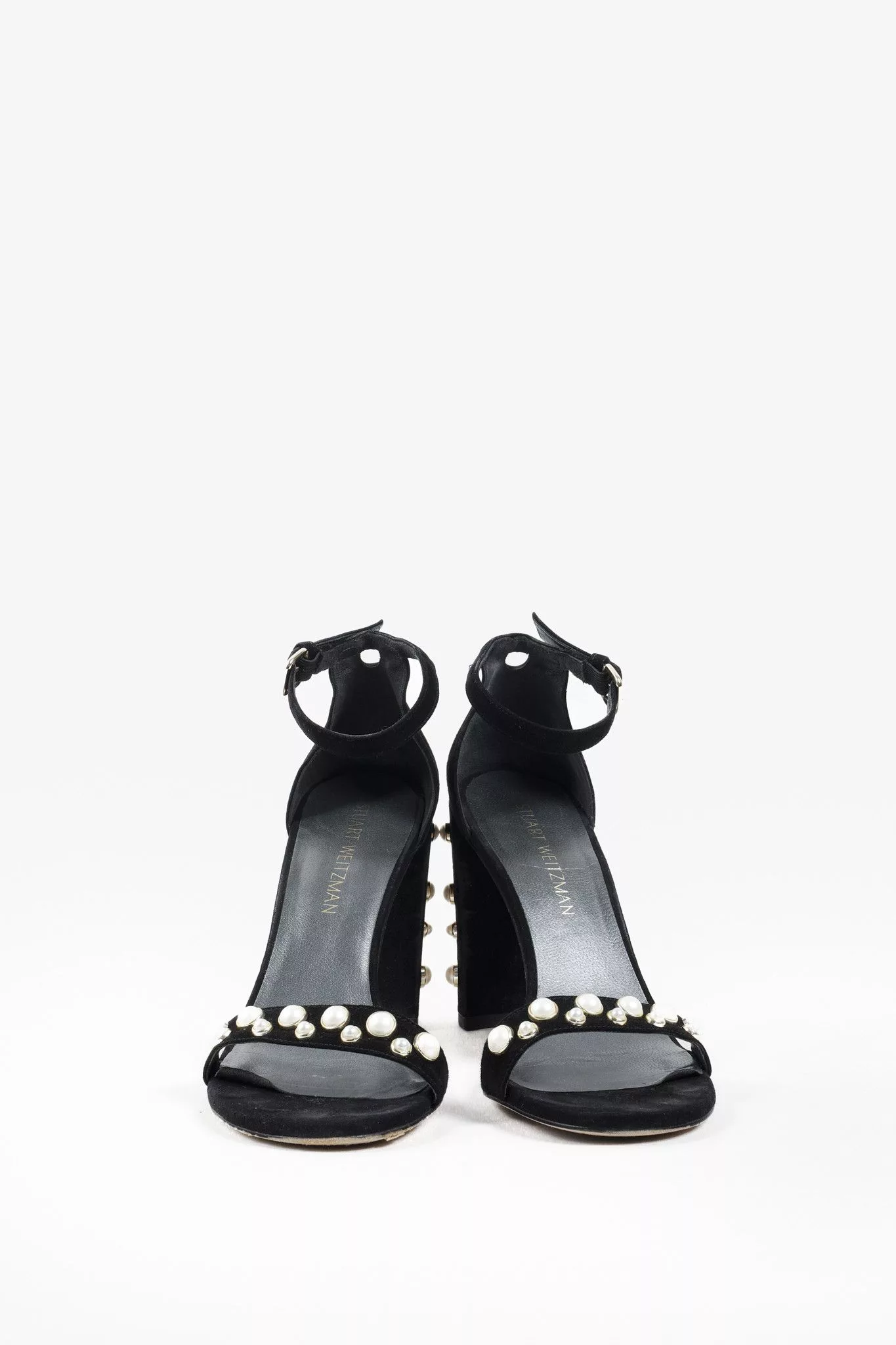 Stuart Weitzman Heels Stuart Weitzman Black Pearl Studded Open-Toe Heeled Sandals