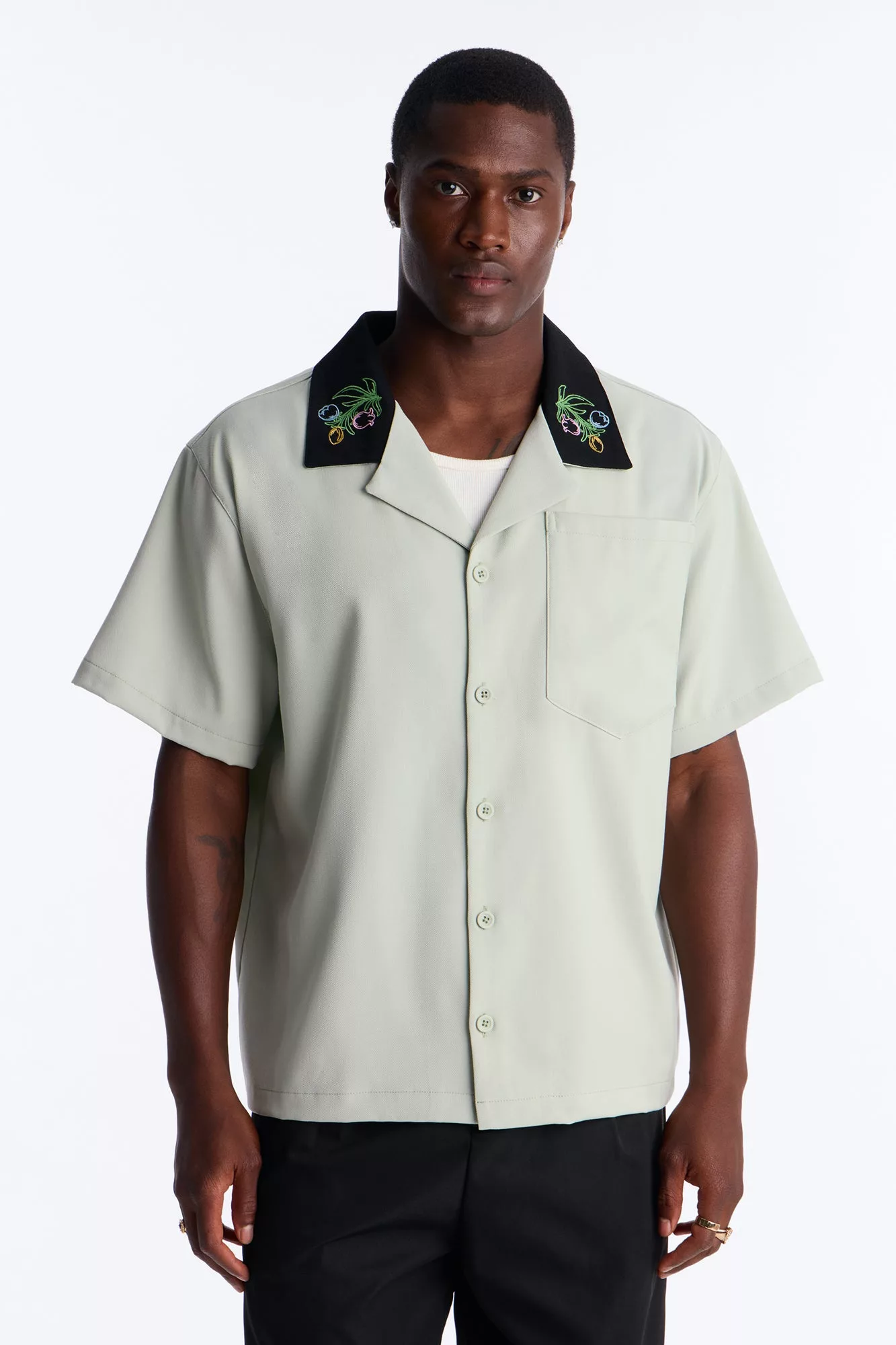 Botanical Embroidered Cuban Collar Button Up Shirt - Mint