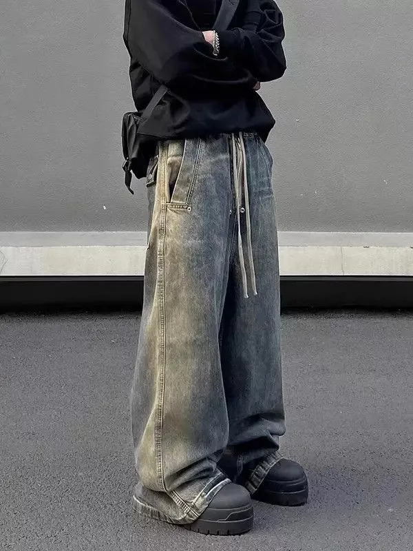 Ring Of Fire Denim Ring Of Fire Retro wash gradient drawstring work wide leg jeans Black Avant-Garde