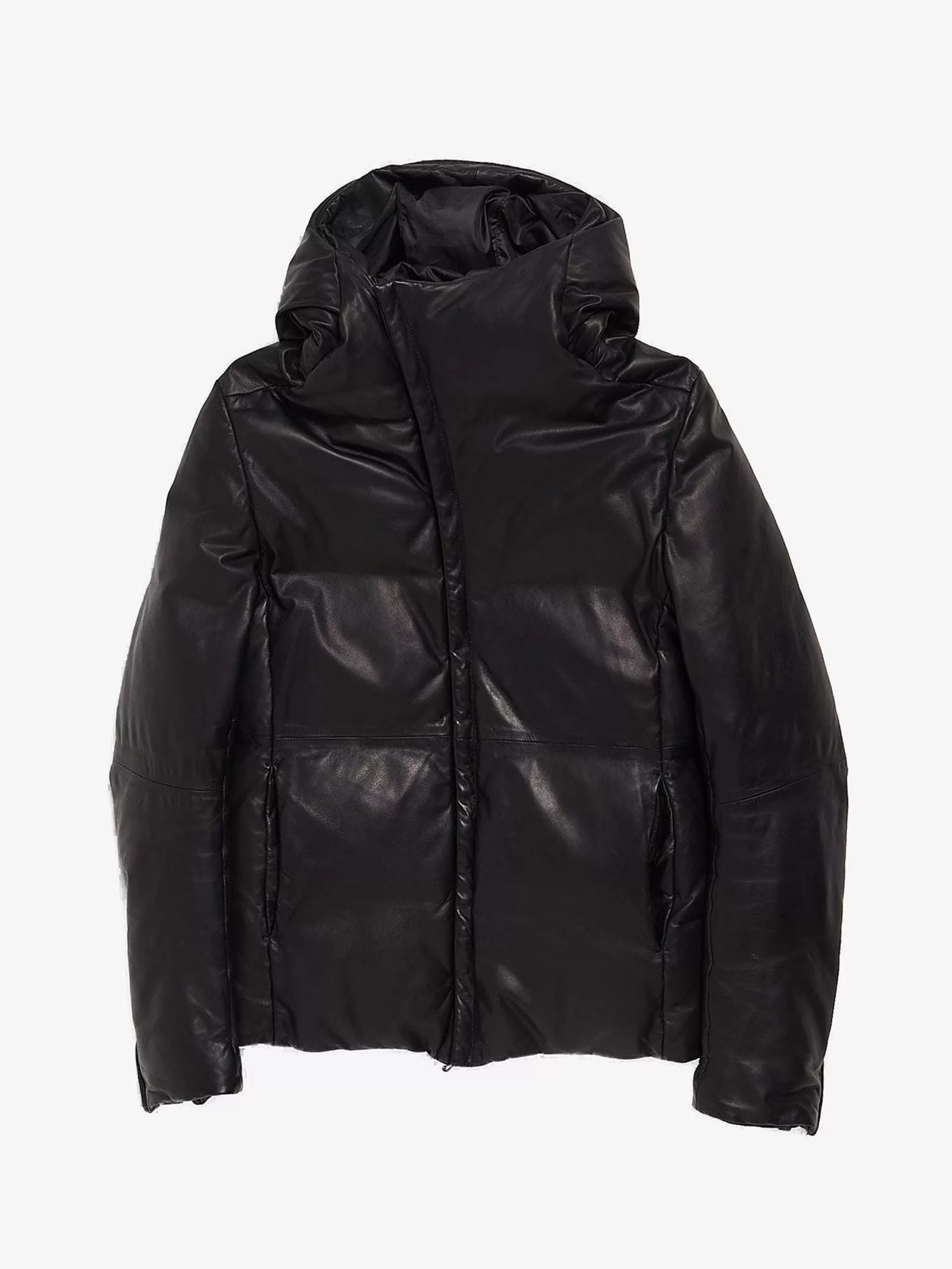 Attachment Parkas Attachment Black Leather Puffer Jacket