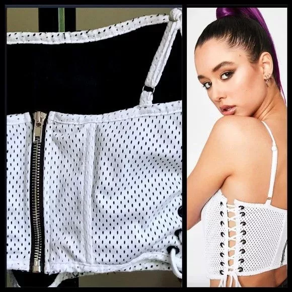 Current Mood Crop Tops Current Mood Lace Up Mesh Bustier Corset Crop Top Dollskill White