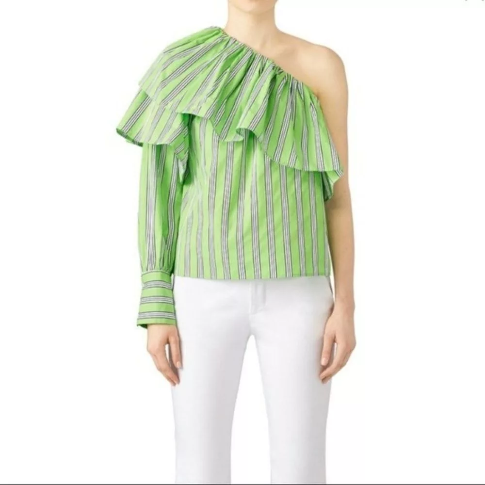 MSGM Blouses New MSGM Neon Striped Ruffle Cotton One Shoulder Top Blouse Green