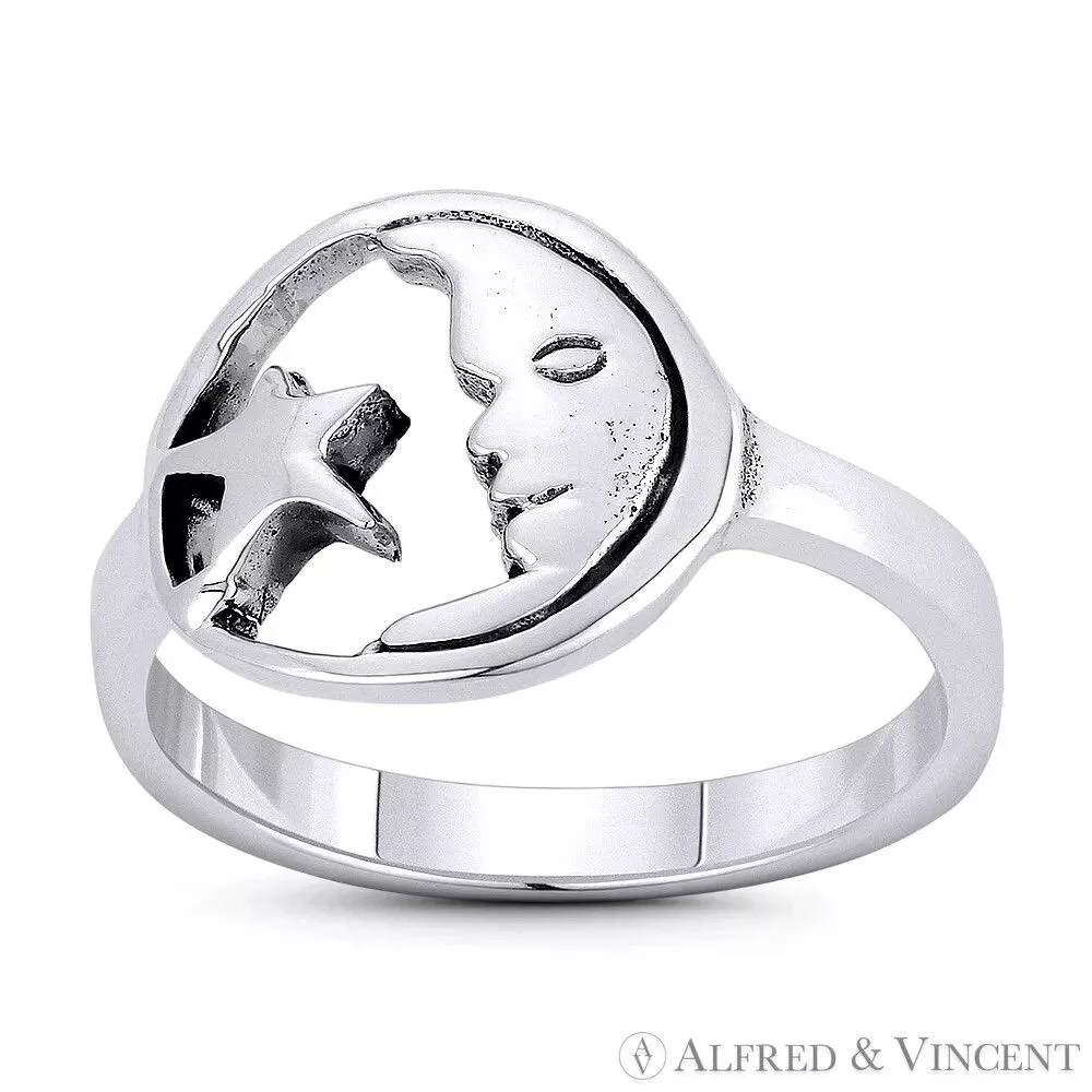 Other Rings Other Waxing Crescent Moon Face & Star Lunar Charm Ring Silver