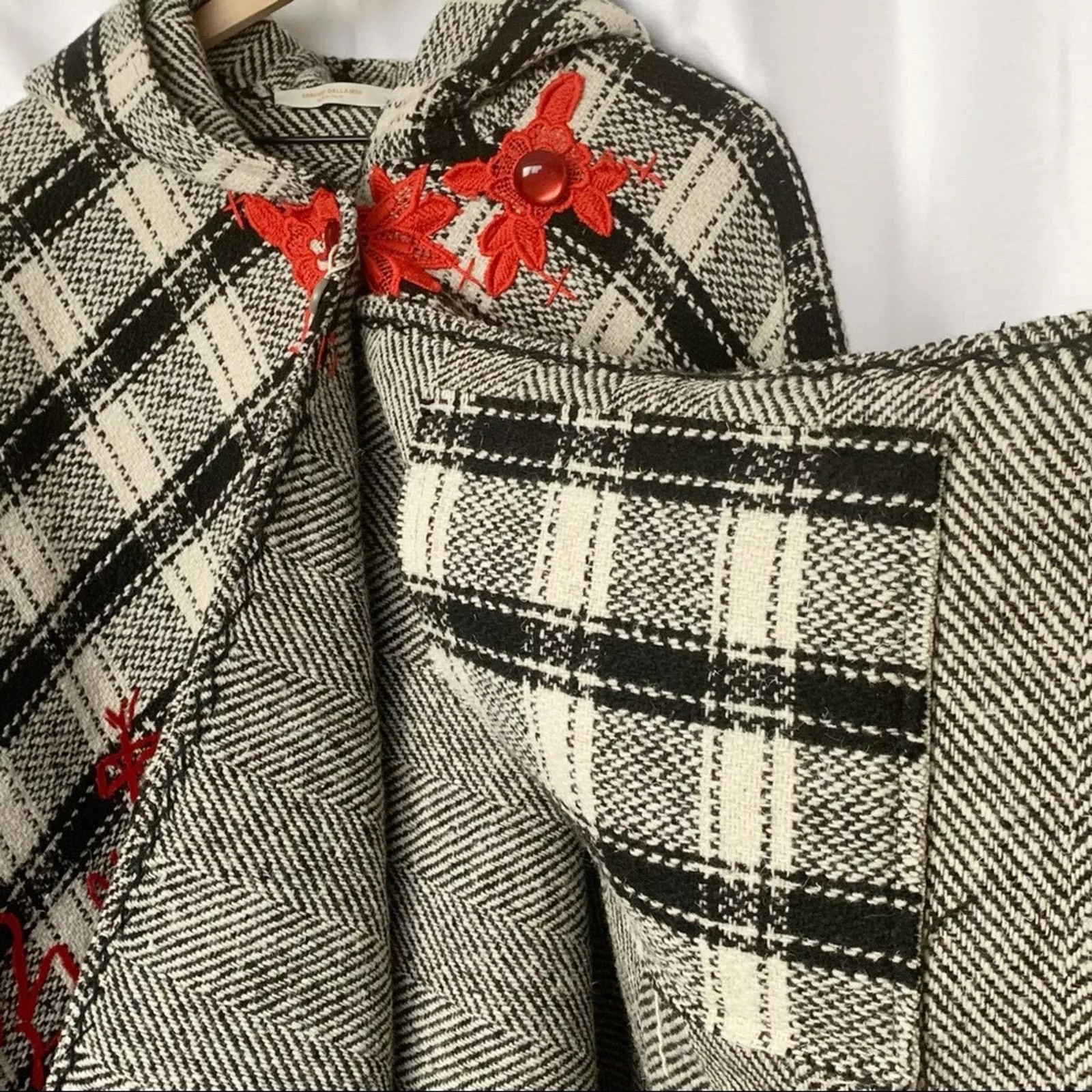 Ermanno Gallamini Jackets Ermanno Gallamini Hooded Wool Blanket Cape Poncho Check Multi