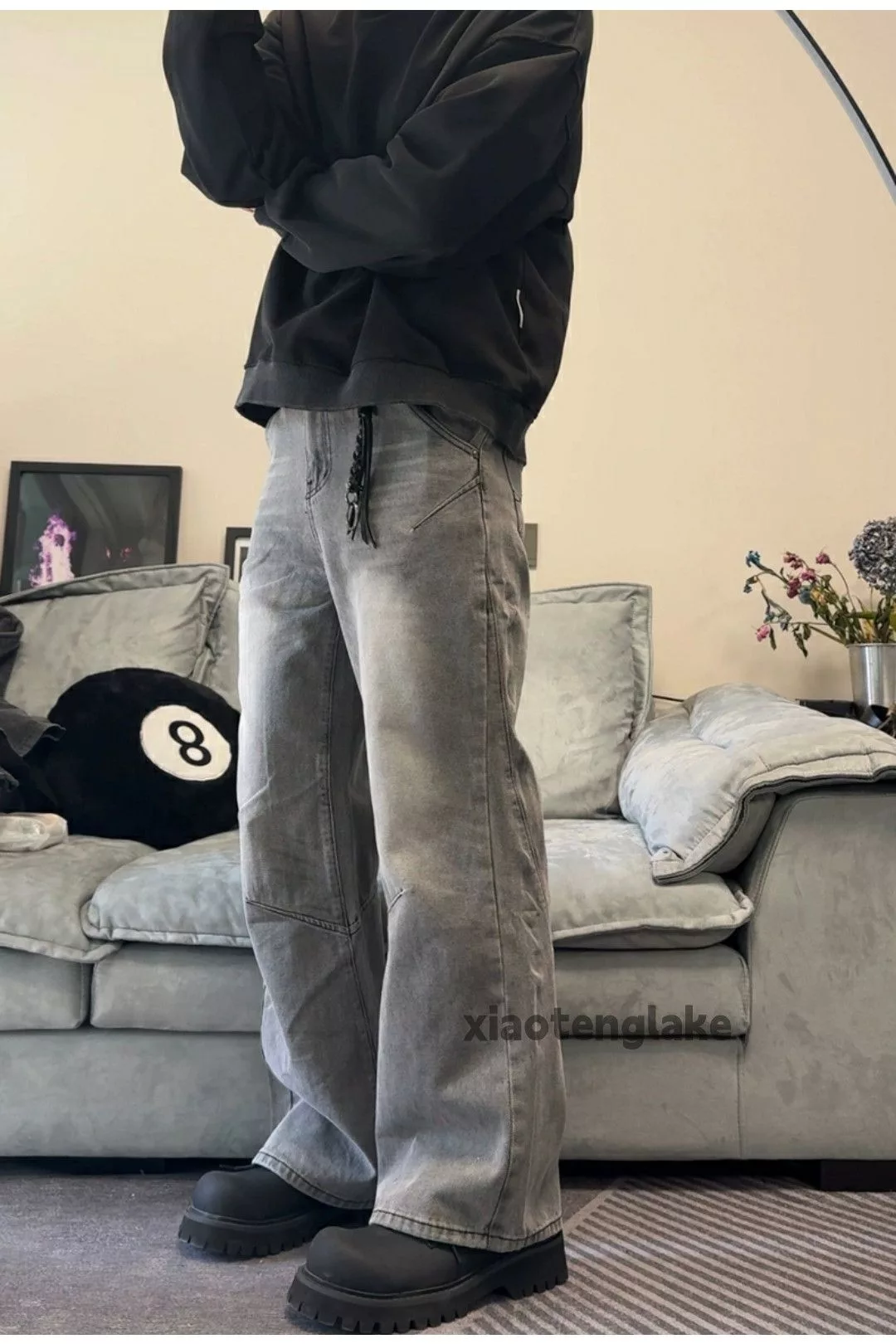Jean Denim Jean × Vintage washed faded carpenter patchwork flared jeans Gray