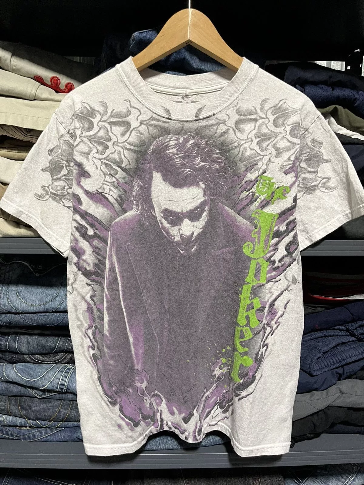 DC Comics Short Sleeve T Shirts DC Comics × Vintage Crazy Y2K The Joke Dark Knight Rises AOP Batman Movie Tee White Streetwear