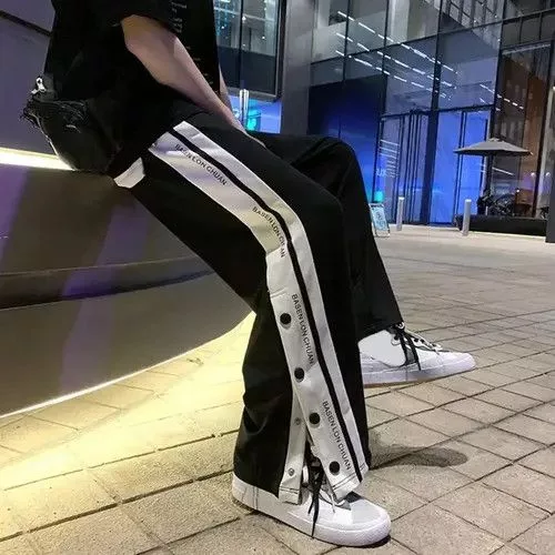 Jean Sweatpants Loose Side Split Buttons Black Avant-Garde