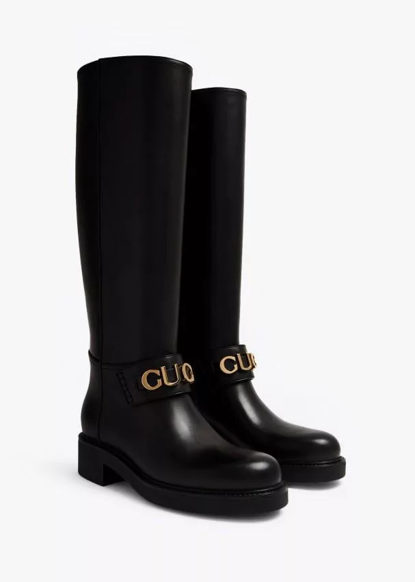 Gucci Miscellaneous Gucci Big Logo Leather Boots SIZE 38 Black