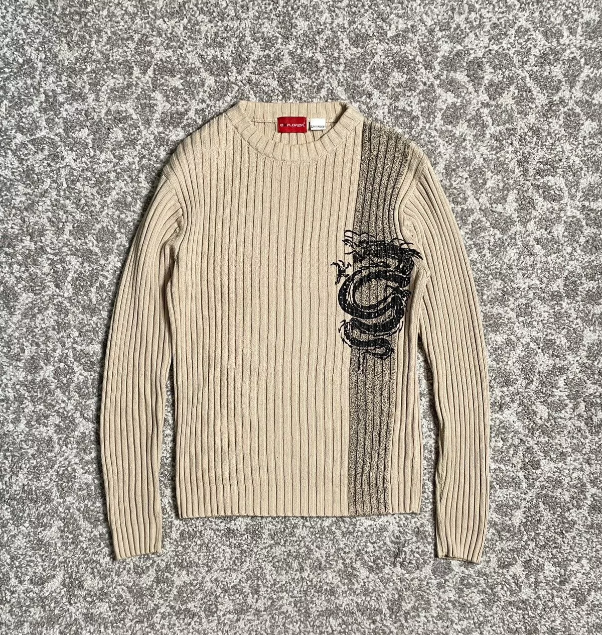 Vintage Sweaters Knitwear Vintage Brown Print Spray Dragon Striped Knitwear Sweater Avant-Garde
