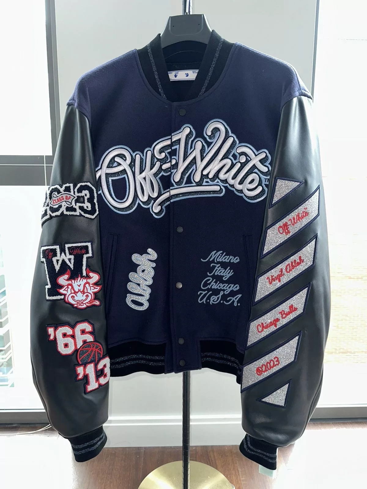 NBA Leather Jackets NBA × Off-White Off White x Chicago Bulls Varsity Leather Jacket Blue