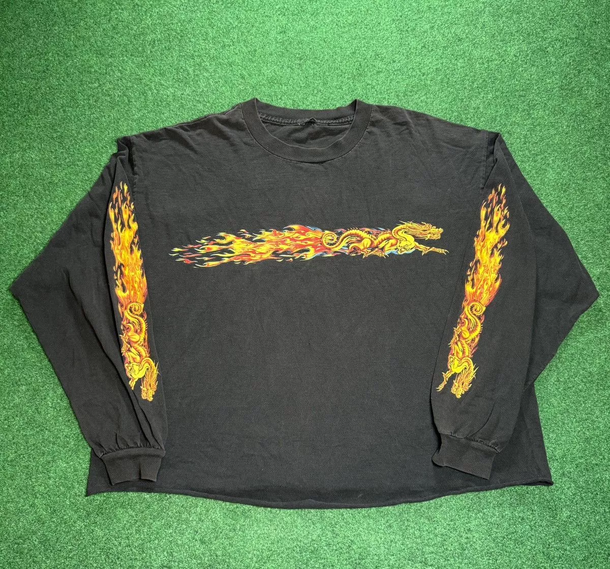 Vintage Crop Tops Vintage Y2K Dragon Flames Long Sleeve Cropped Boxy Jnco T Shirt Black Streetwear