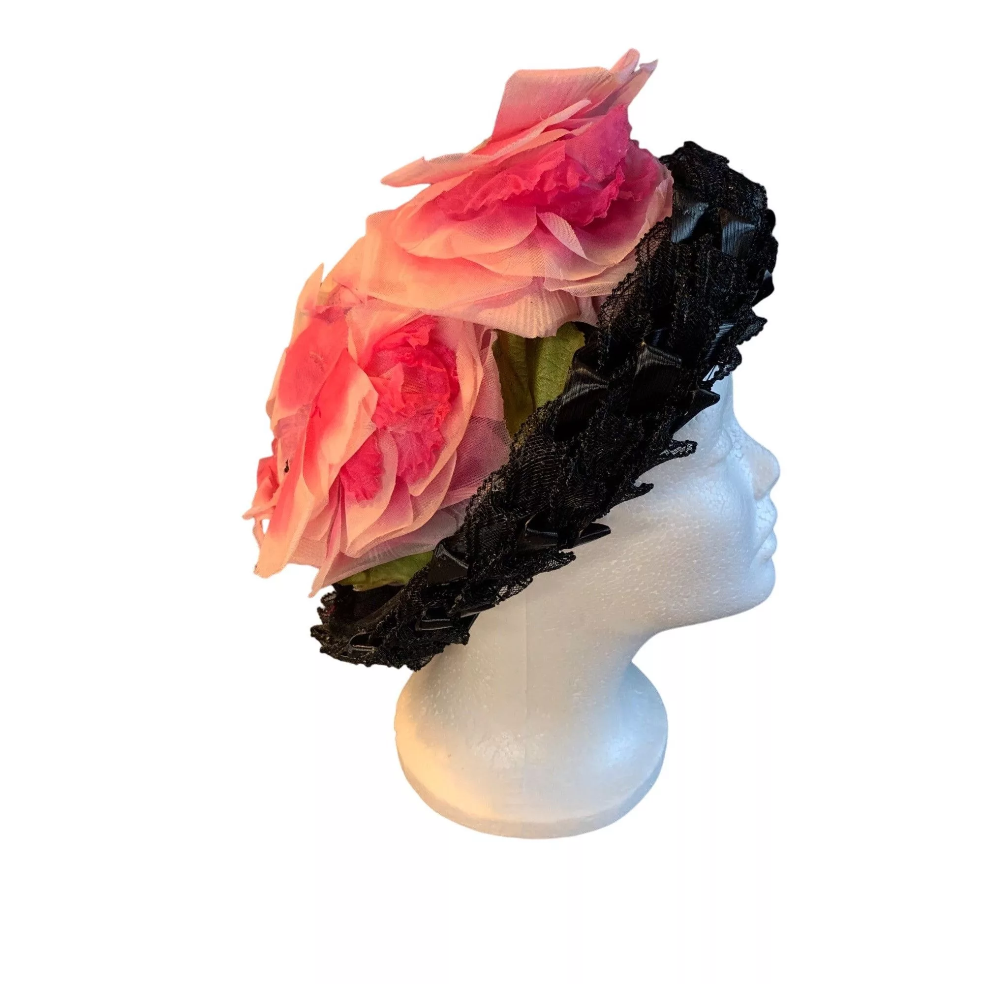 Other Hats Other Ladies Pink Silk Flowers on Black Hat Vintage Union Made Sz