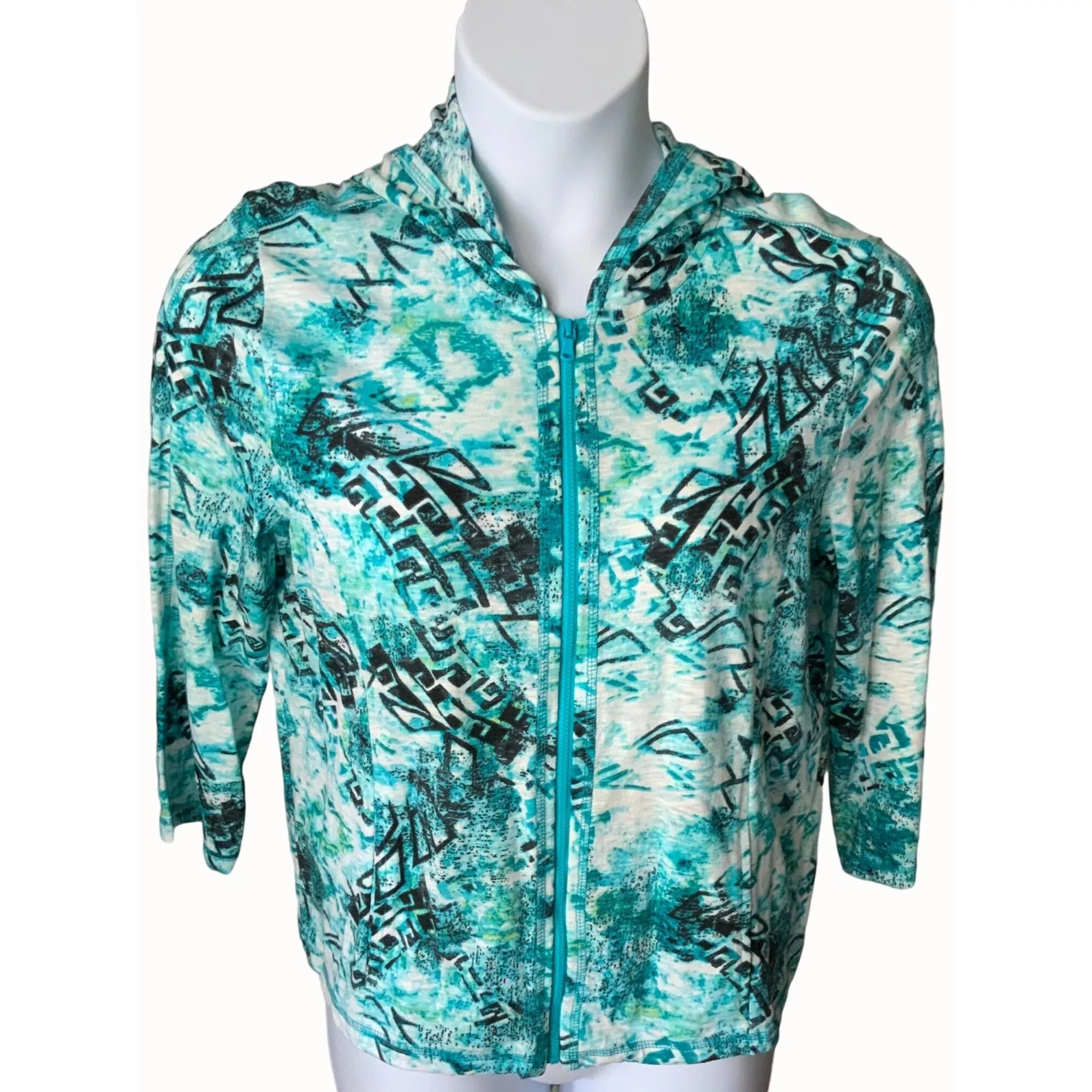 Chicos Jackets Chicos Womens Turquoise Lightweight Hooded Jacket Large Blue