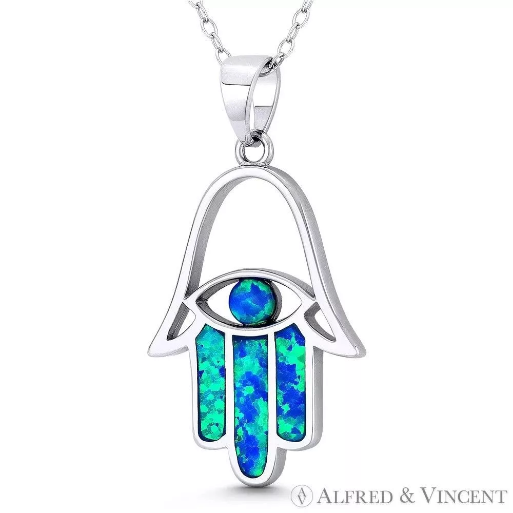 Other Necklaces Other Hamsa Hand Evil Eye Charm Created Opal 33x18mm Pendant Silver