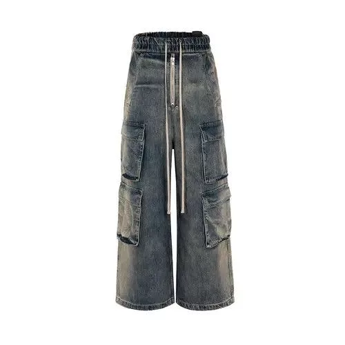 Jean Denim Unisex Multi-pockets Drawstring Jeans Streetwear