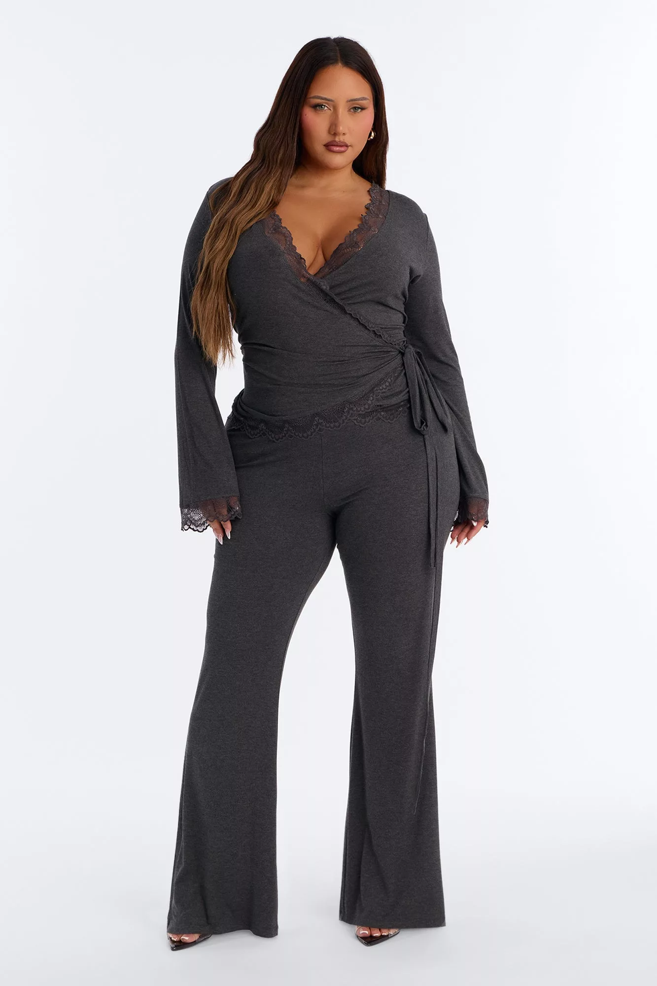Danielle Lace Trim Wrap Pant Set - Charcoal