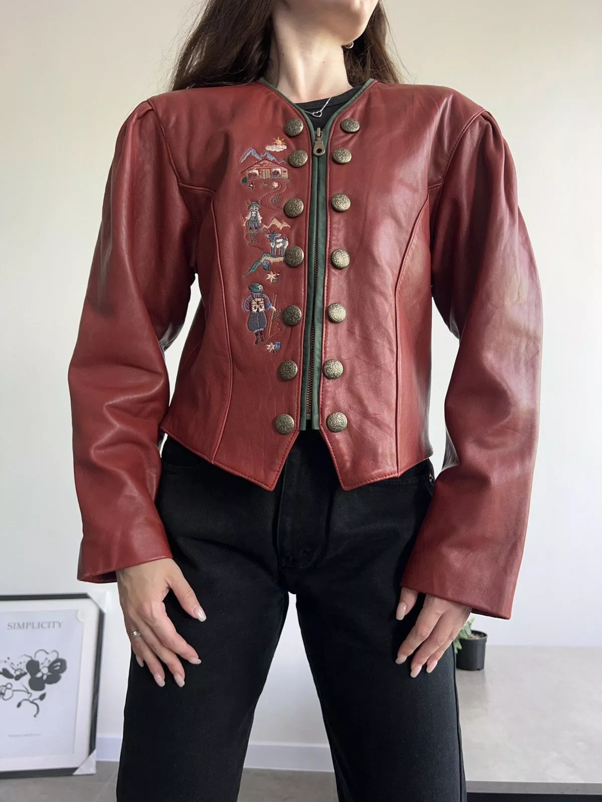 Vintage Leather Jackets RARE Gorgeous Leather Cherry Vintage Jacket with embroidery Red