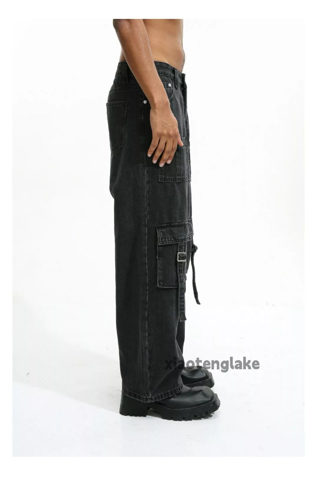 Jean Denim Jean × Vintage washed faded y2k skate hiphop pocket utility cargo jeans Black