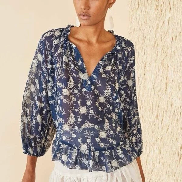 Ulla Johnson Blouses Ulla Johnson Blouse Silk Long Sleeve Rosine Floral Blue Shee