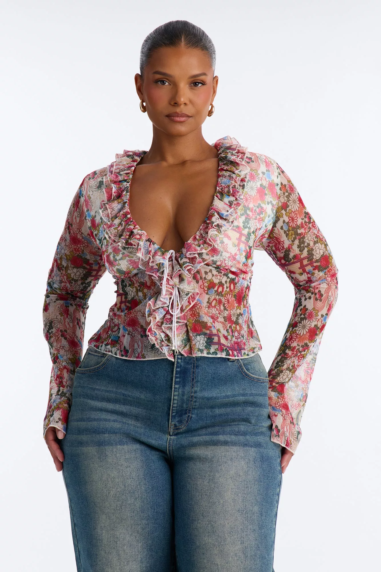Alexa Ruffle Floral Mesh Long Sleeve Top - Multi Color