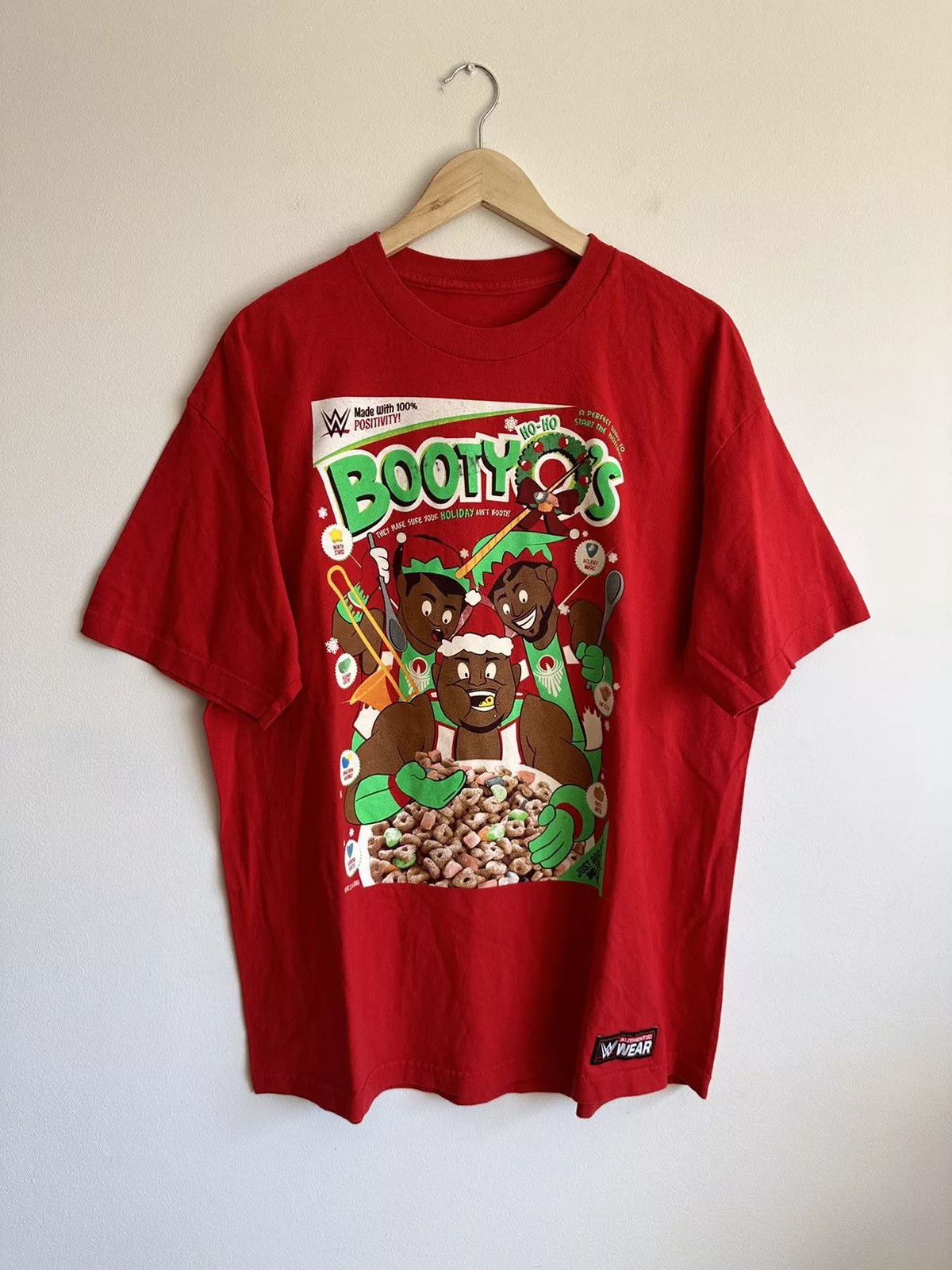 WWE Short Sleeve T Shirts WWE Booty O’s T-Shirt Big E Kofi Kingston and Xavier Woods Red Streetwear