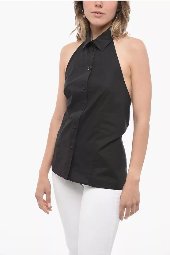 MSGM Button Ups MSGM og1mm0724 Bare Back Halter Neck Shirt in Black