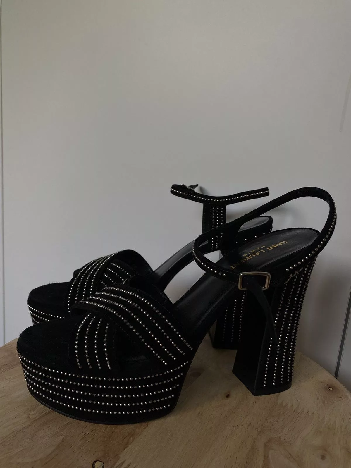 Saint Laurent Paris Platforms Saint Laurent Paris Saint Laurent Suede Studded Candy 80 Platform Sandals Black Luxury