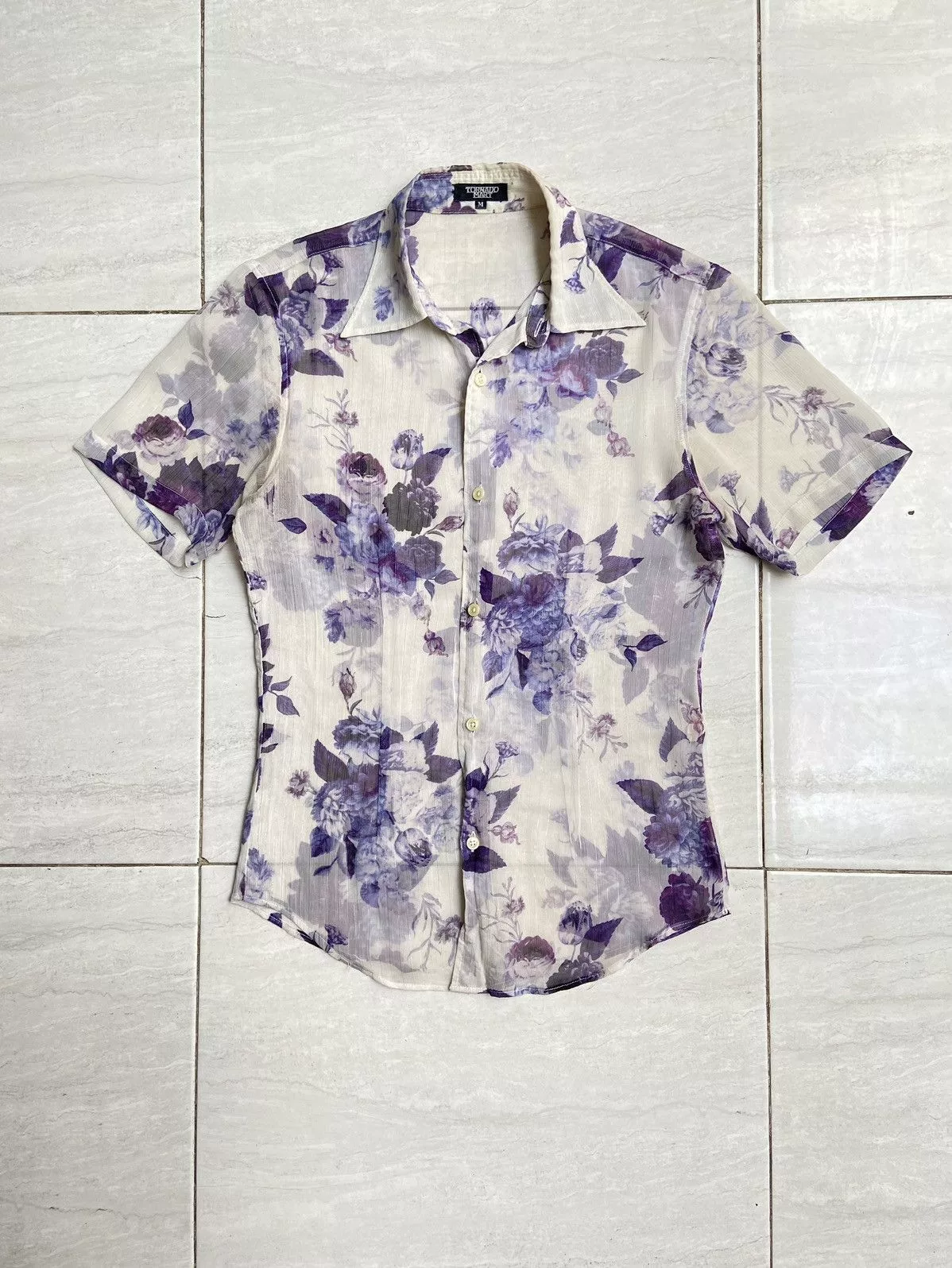 Tornado Mart Shirts Button Ups TORNADO MART Flower Patterned Mesh Shirt White