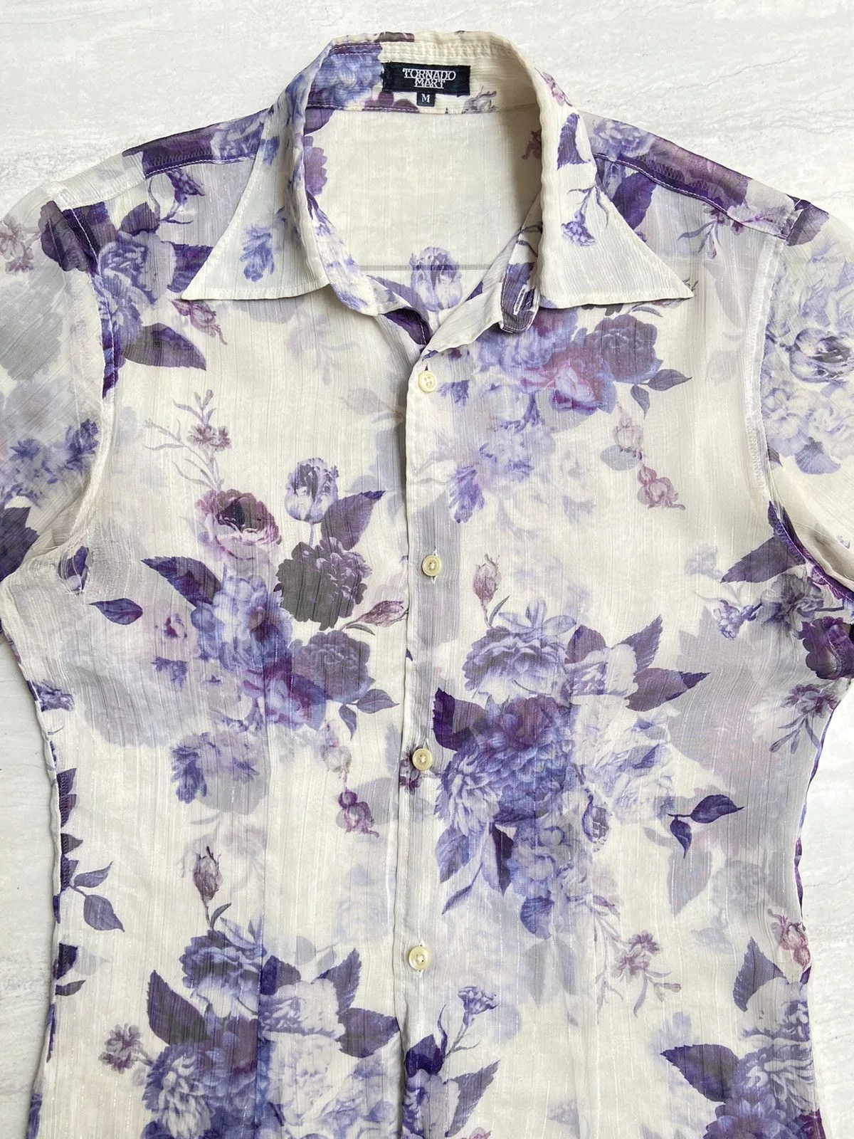 Tornado Mart Shirts Button Ups TORNADO MART Flower Patterned Mesh Shirt White