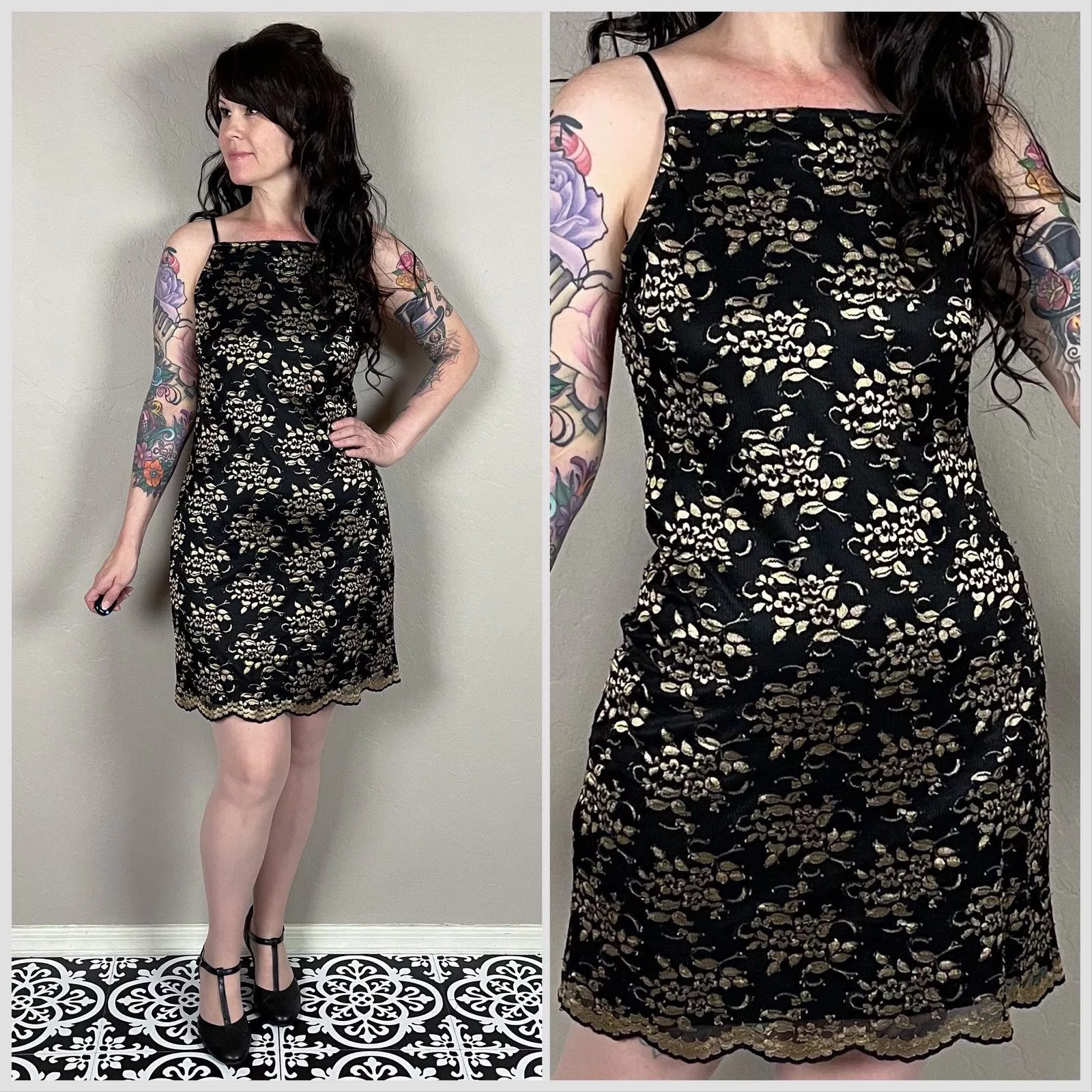 Vintage Mini Dresses Vintage 1990s Black and Gold Lace Sheath Minidress