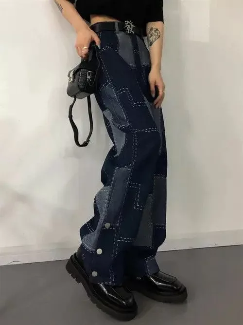 Other Jeans Other Vintage Patchwork Plaid Baggy Jeans Blue Avant-Garde