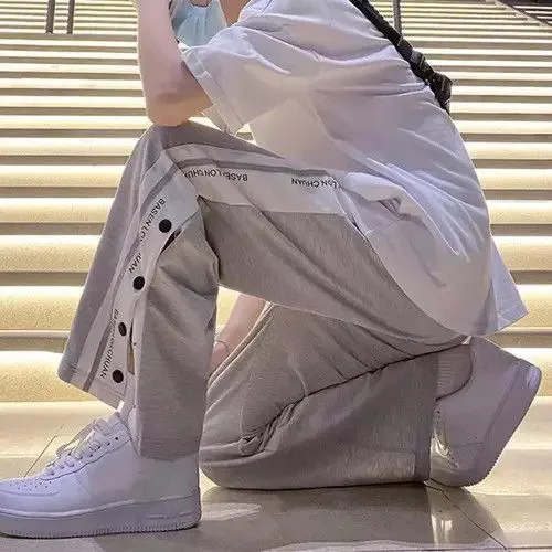Jean Sweatpants Loose Side Split Buttons White Avant-Garde