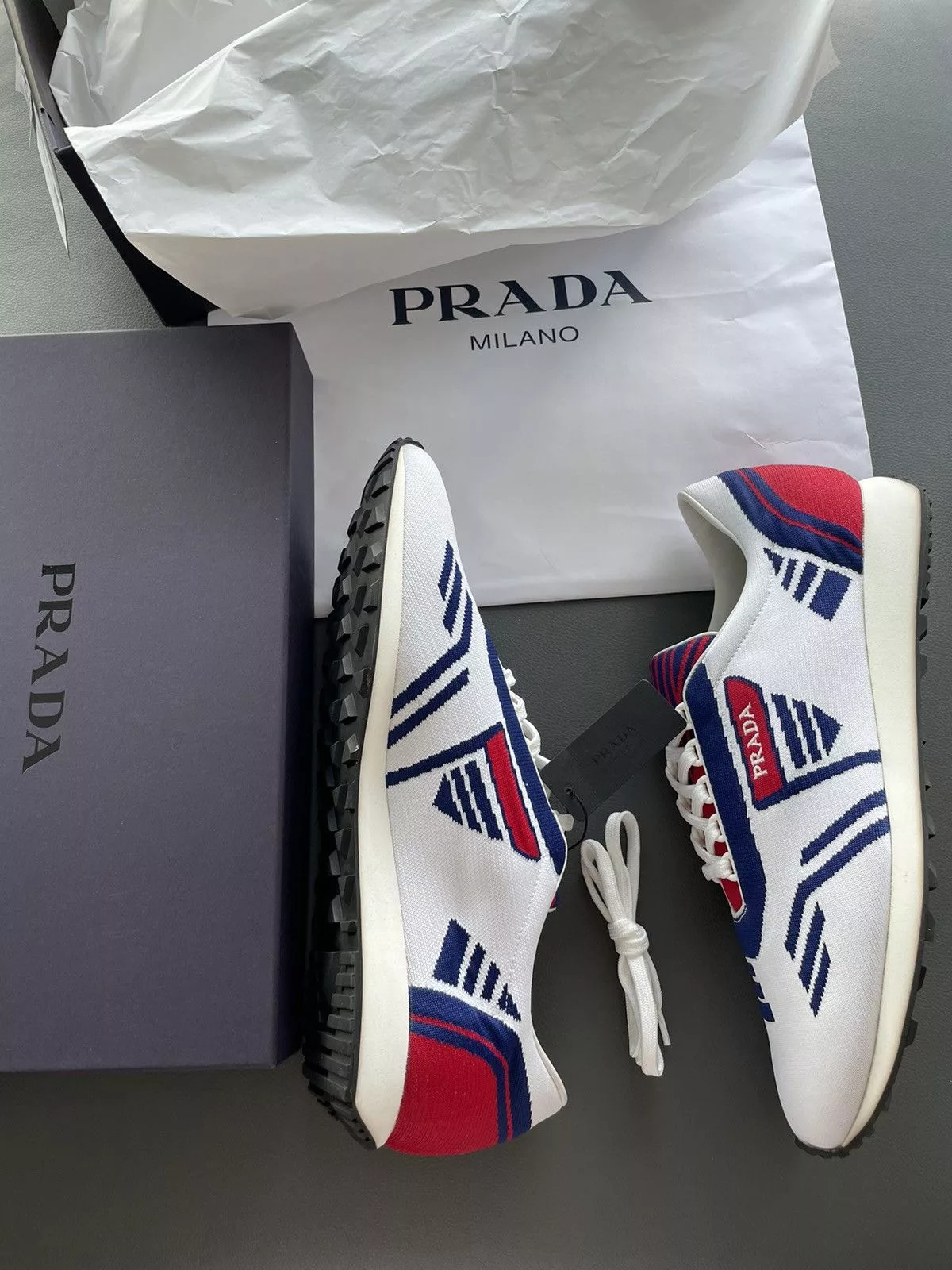 Prada Low Top Sneakers Limited Edition Rare Runway Multi Color Prada Logo Sneakers