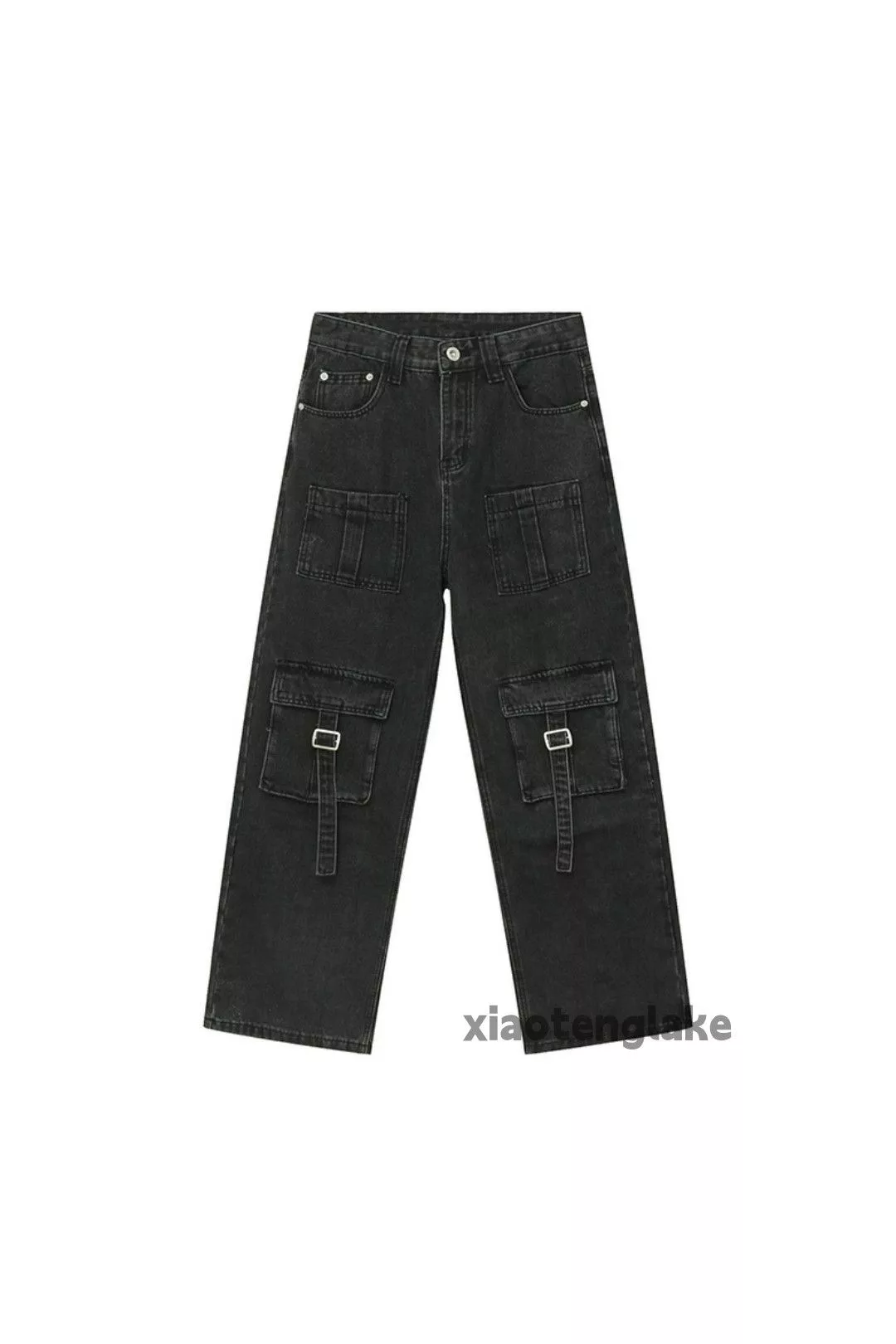 Jean Denim Jean × Vintage washed faded y2k skate hiphop pocket utility cargo jeans Black