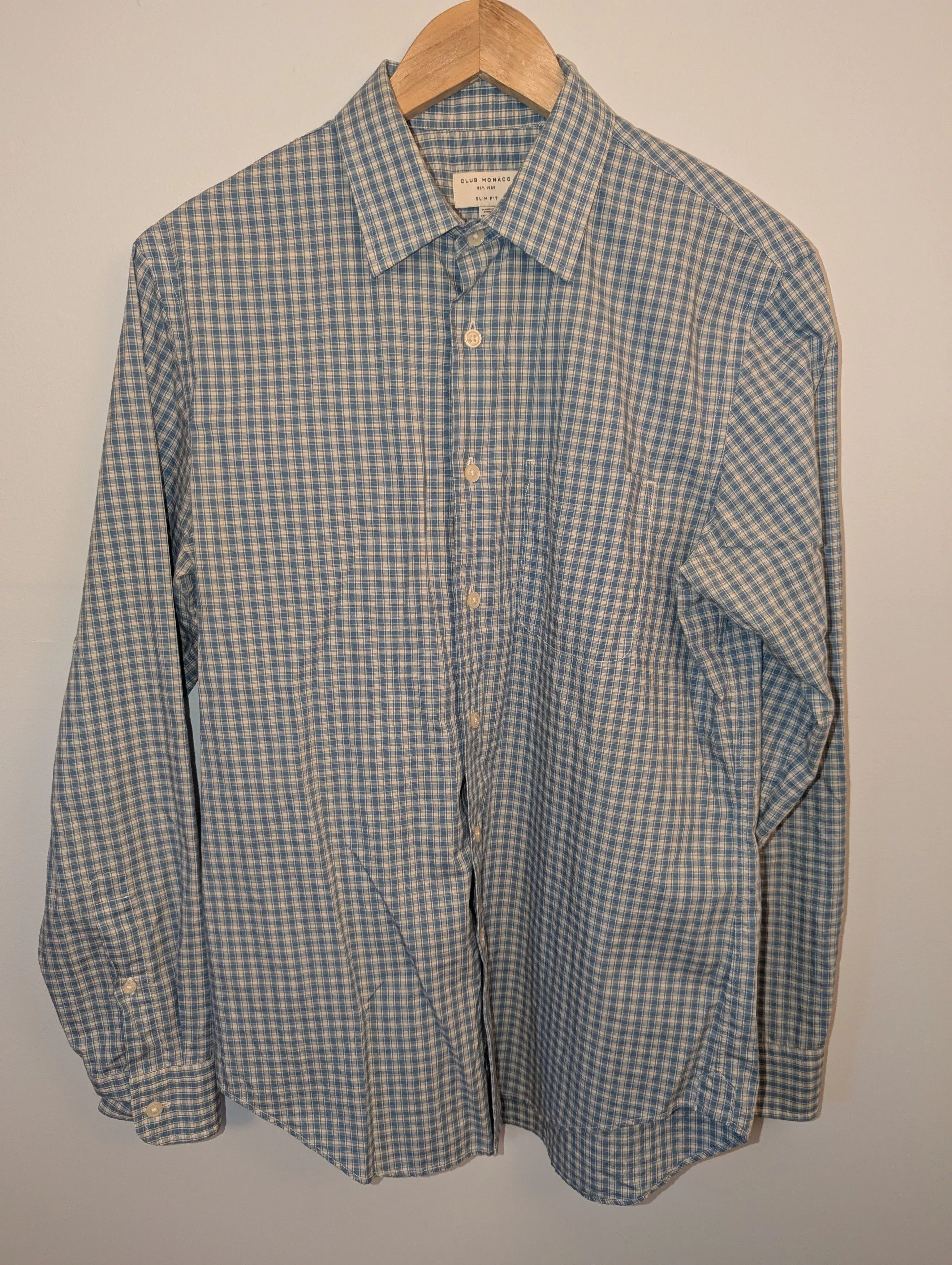 Club Monaco Shirts Button Ups Men's Club Monaco Blue/Beige Checkered Button-Up