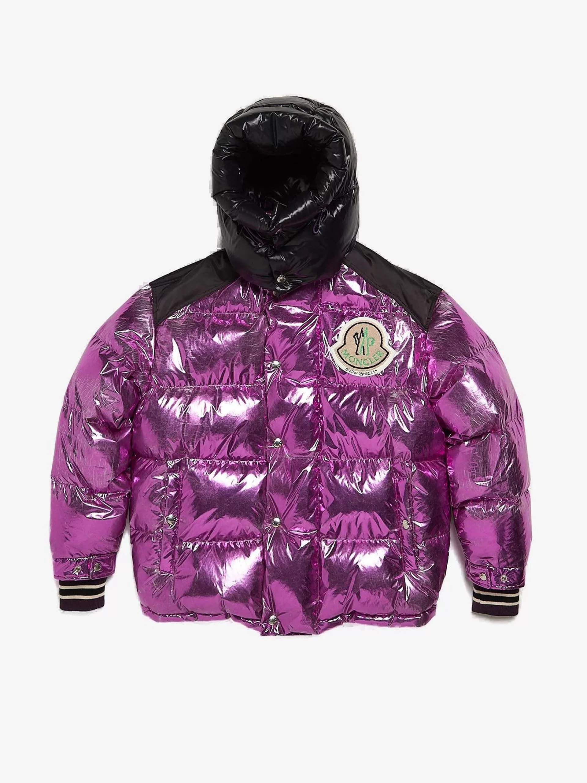 Moncler Parkas Moncler Pink and Black Logo Patched Polyester Downjacket