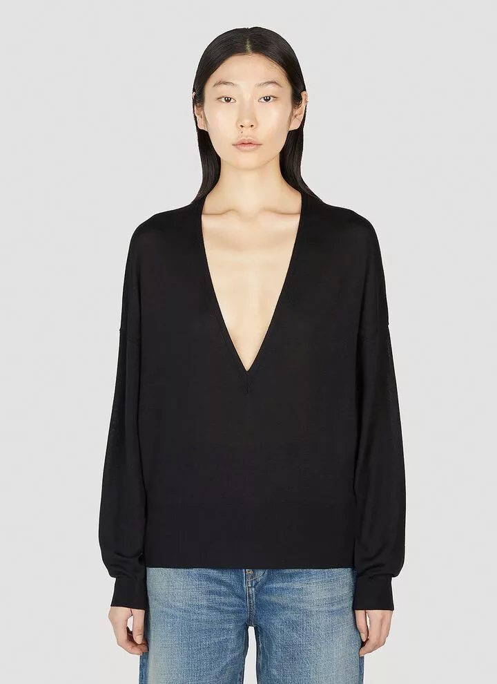 Saint Laurent Paris Sweaters Saint Laurent Paris o1b1hav110724 V-Neck Sweater Wool And Silk in Black