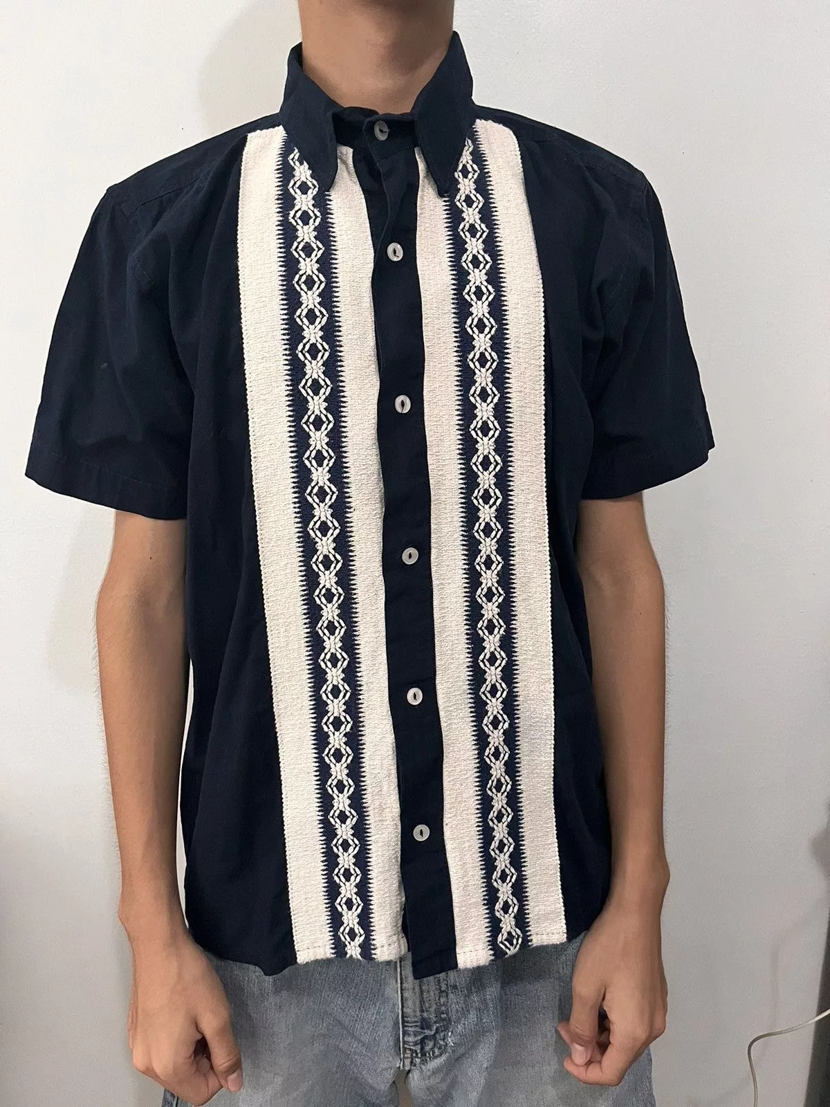 Vintage Shirts Button Ups Vintage Navy Pattern Button Up Blue