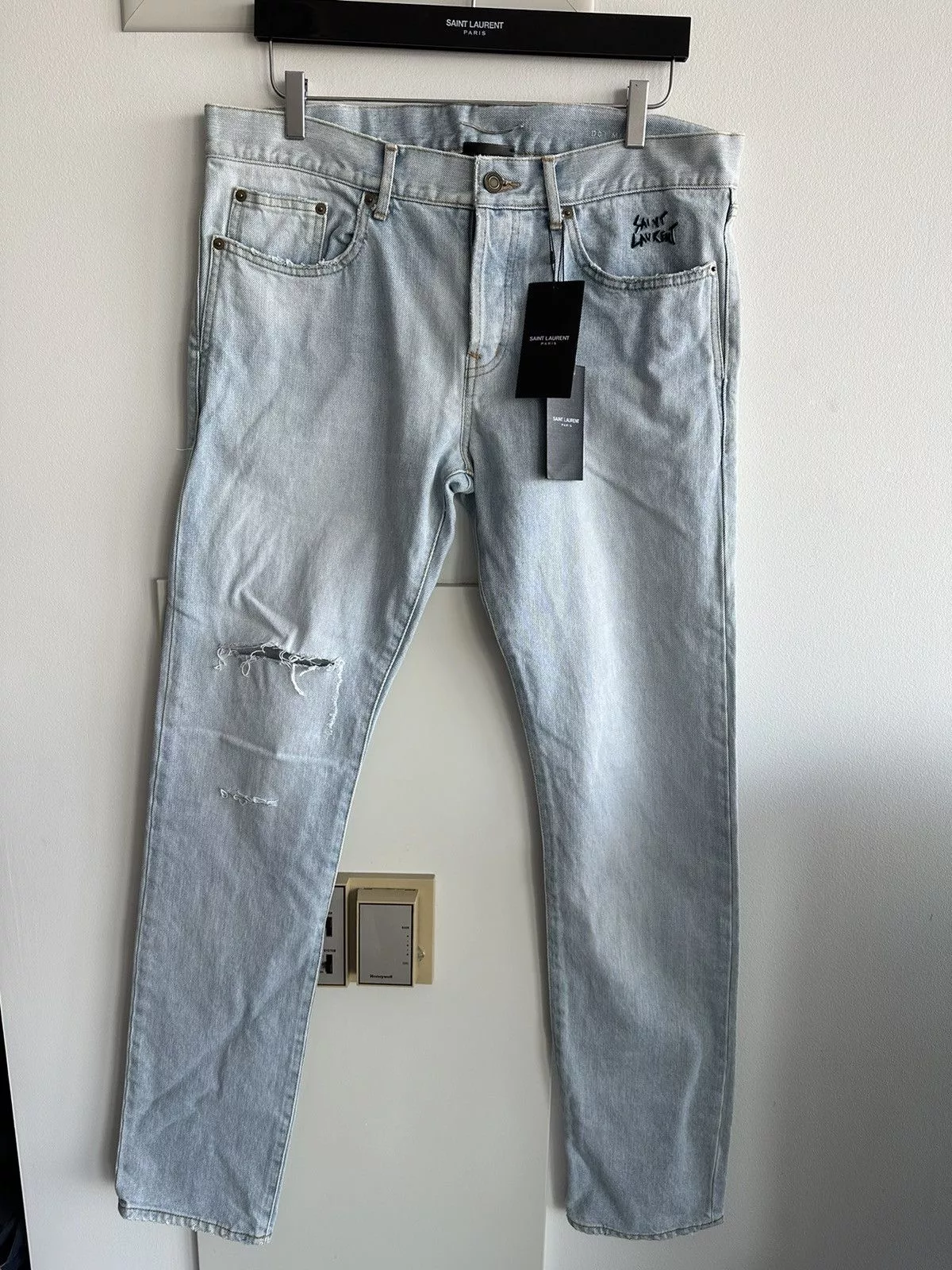 Hedi Slimane Denim Hedi Slimane × Saint Laurent Paris × Yves Saint Laurent SLP Super Rare Brand New Trashed Ripped Skinny Denim Jeans Blue