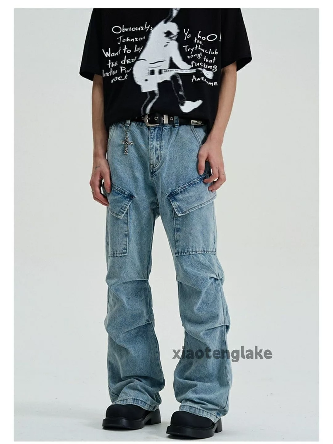 Jean Denim Jean × Vintage washed faded pleated punk grunge flared cargo jeans Blue