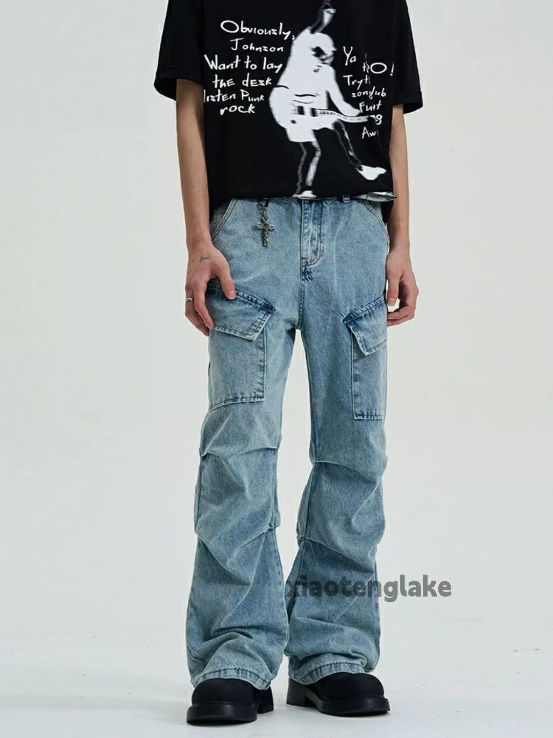 Jean Denim Jean × Vintage washed faded pleated punk grunge flared cargo jeans Blue
