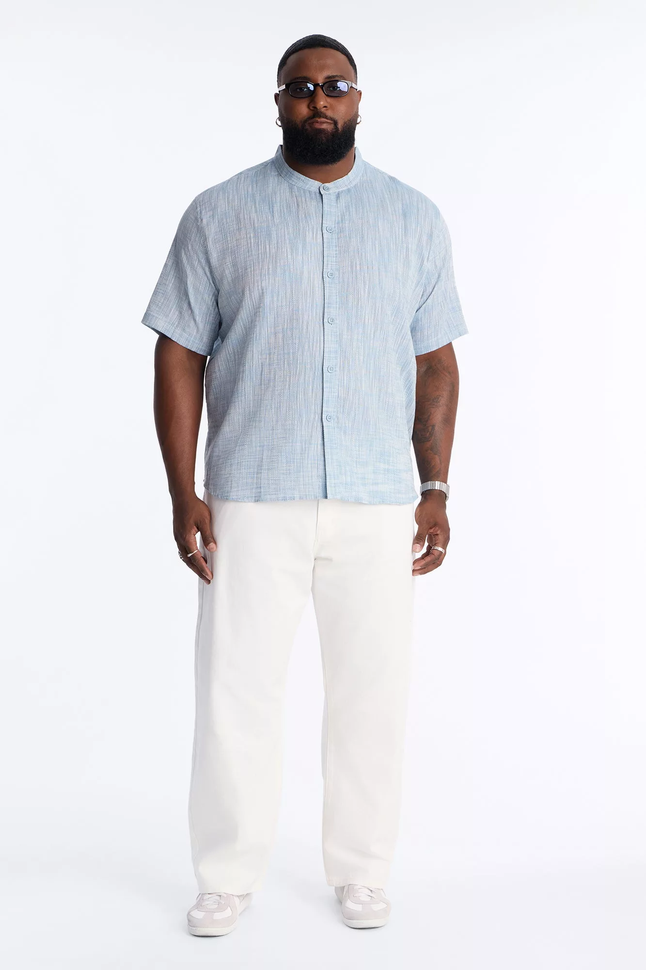Slub Texture Cuban Collar Button Up Shirt - Blue