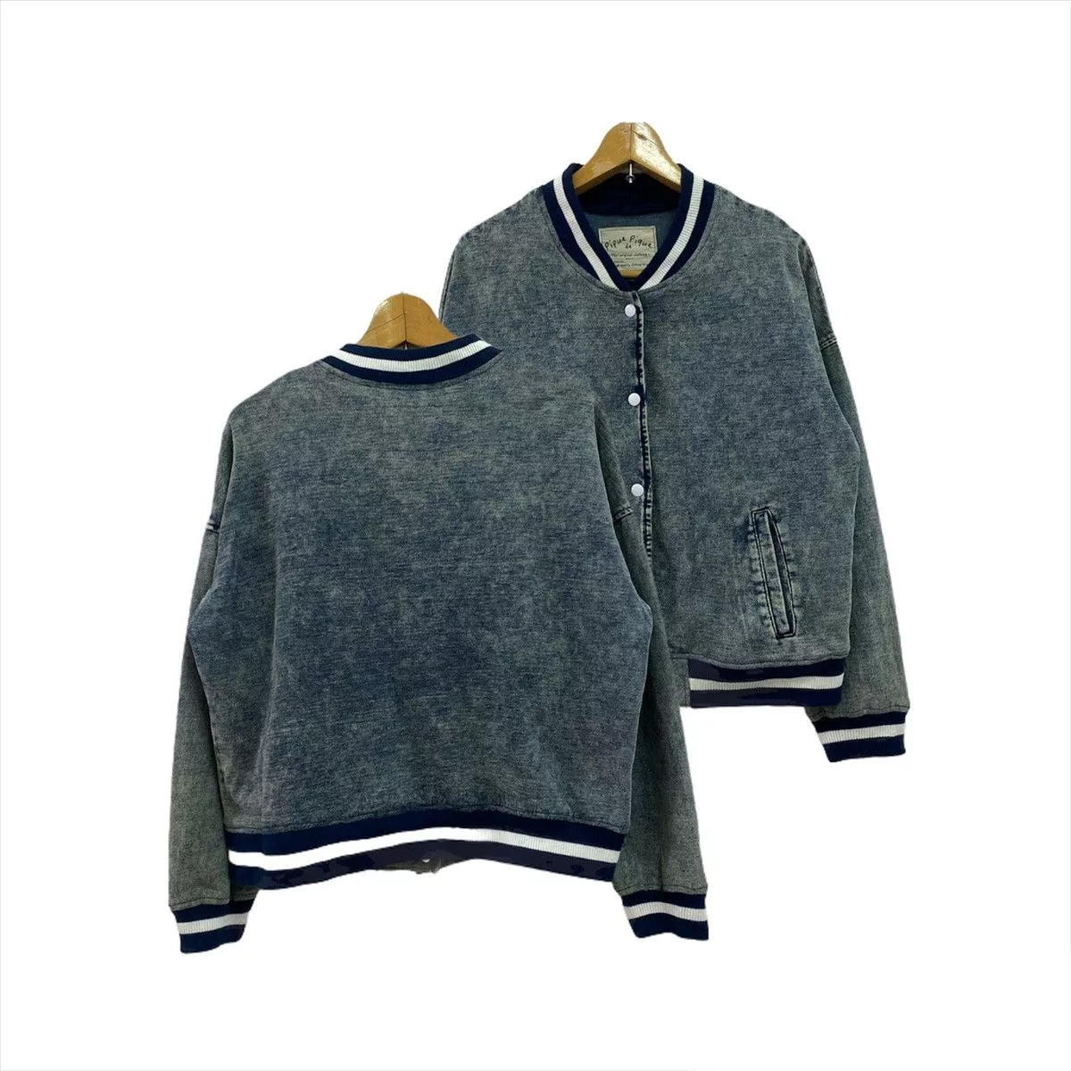 Japanese Brand Bombers Japanese Brand DISTRESSE PLAIN COTTON DENIM PIPUE DE PIQUE VARSITY JACKET Blue Vintage