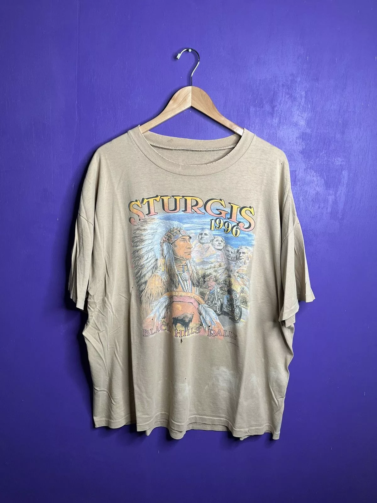 Harley Davidson Short Sleeve T Shirts Harley Davidson × Vintage Vintage 1996 Sturgis black hills rally American Indian tee Beige
