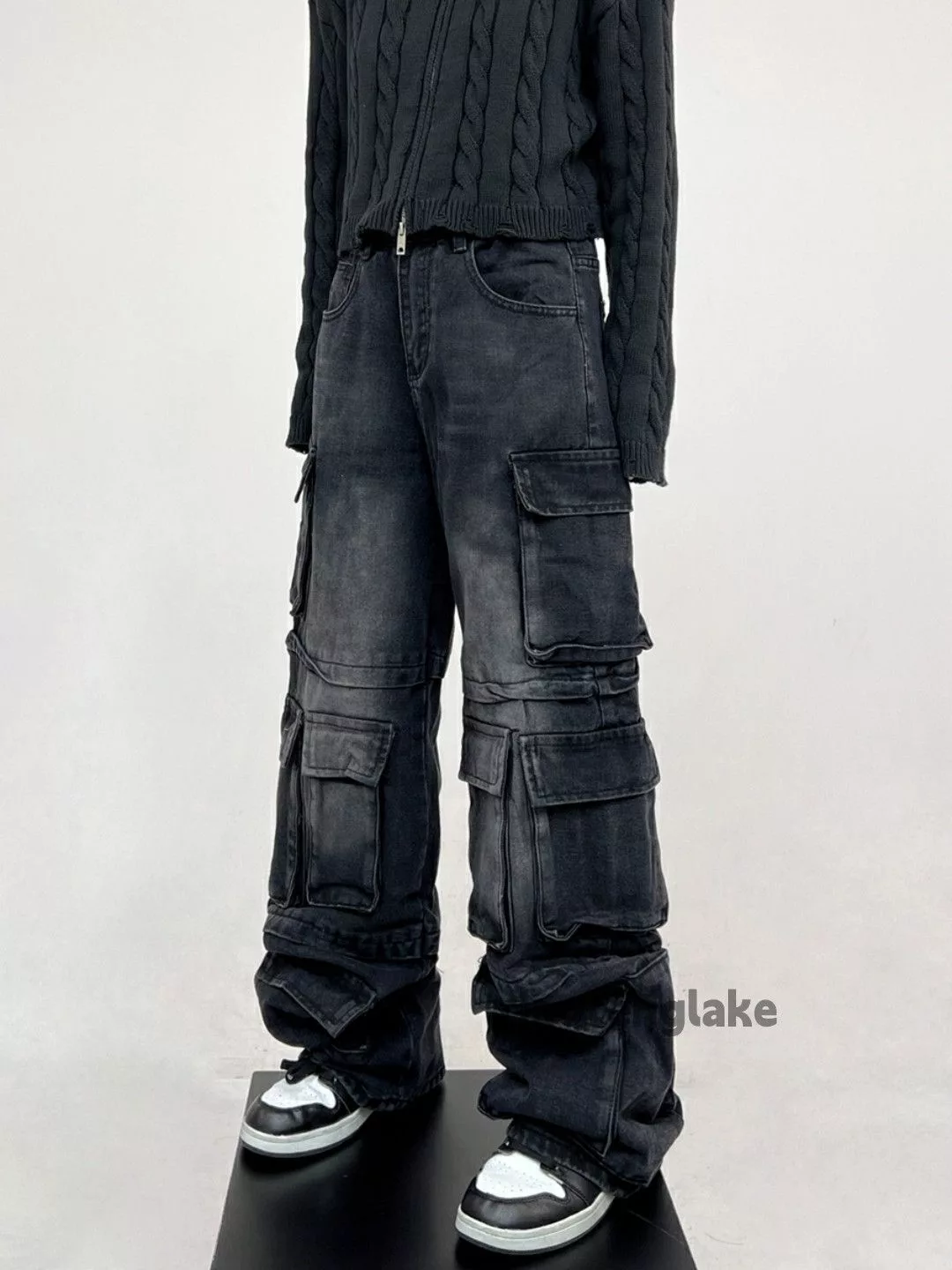 Jean Jeans Jean × Vintage washed faded loose baggy skate hiphop cargo jeans Black
