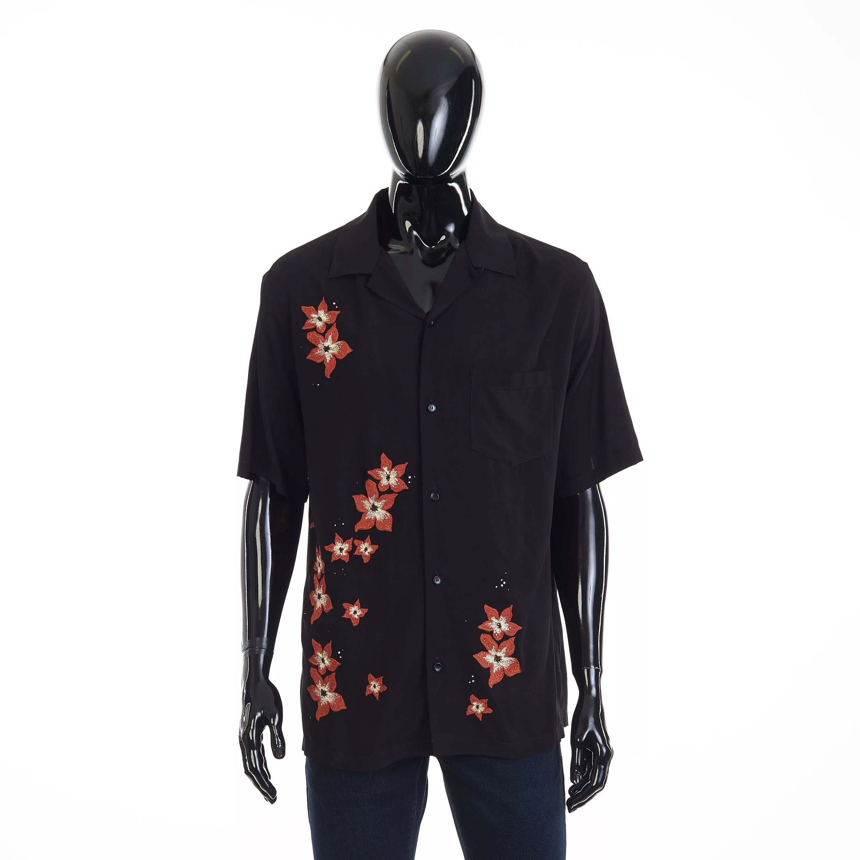 Celine Shirts Button Ups Celine Hawaiian Shirt - Hibiscus Flower Embroidery, Viscose Black