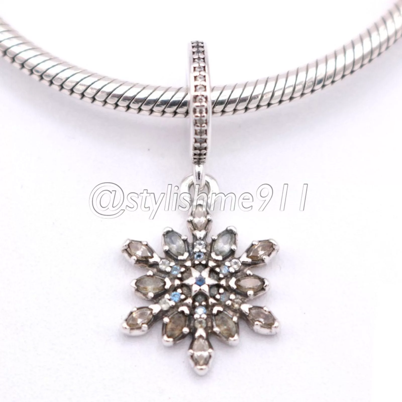pandora Bracelets Authentic PANDORA Crystalized Snowflake Dangle - 791761NBLMX Blue