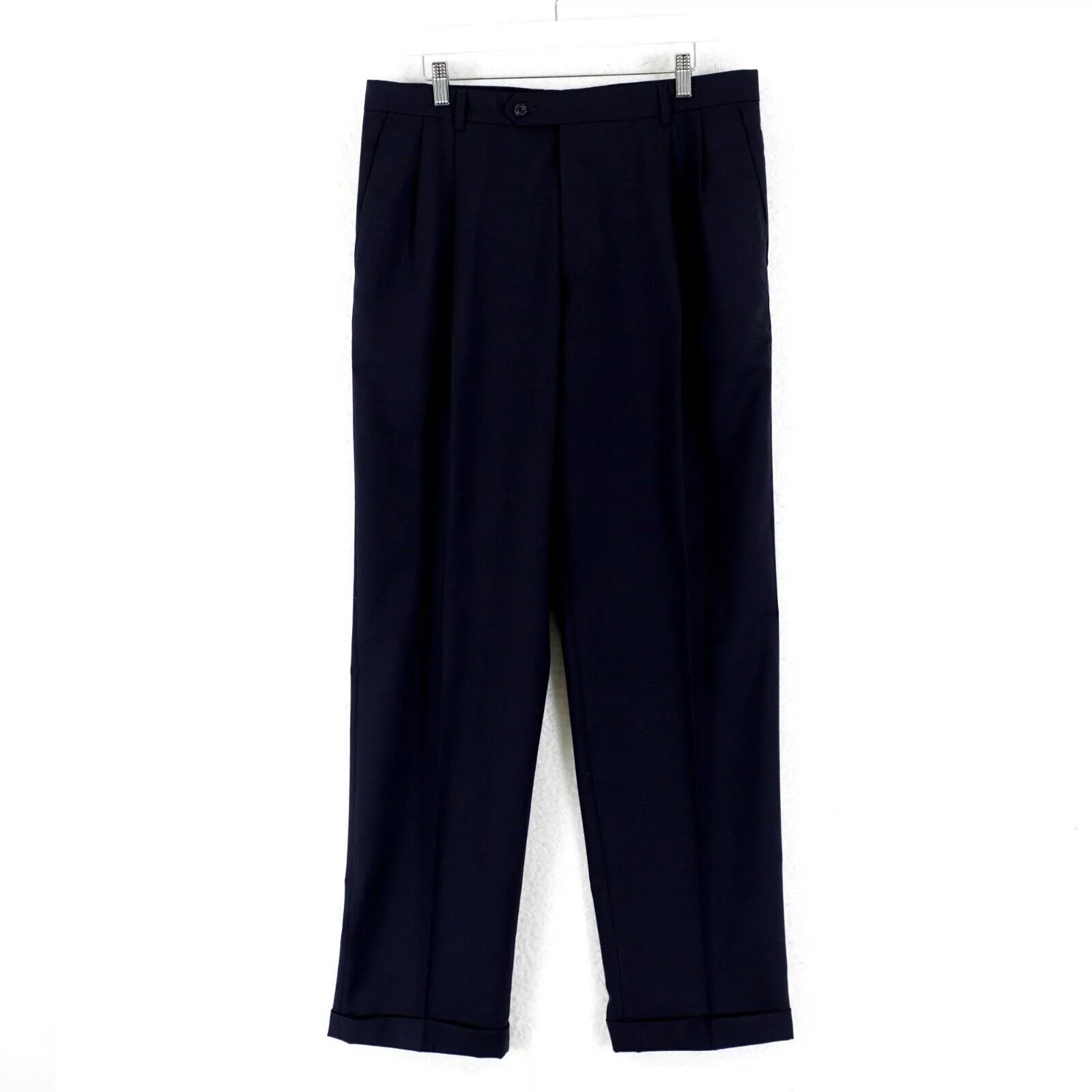 Hart Schaffner Marx Formal Trousers Hart Schaffner Marx Wool Blue Pleated Cuffed Mid Rise Dress